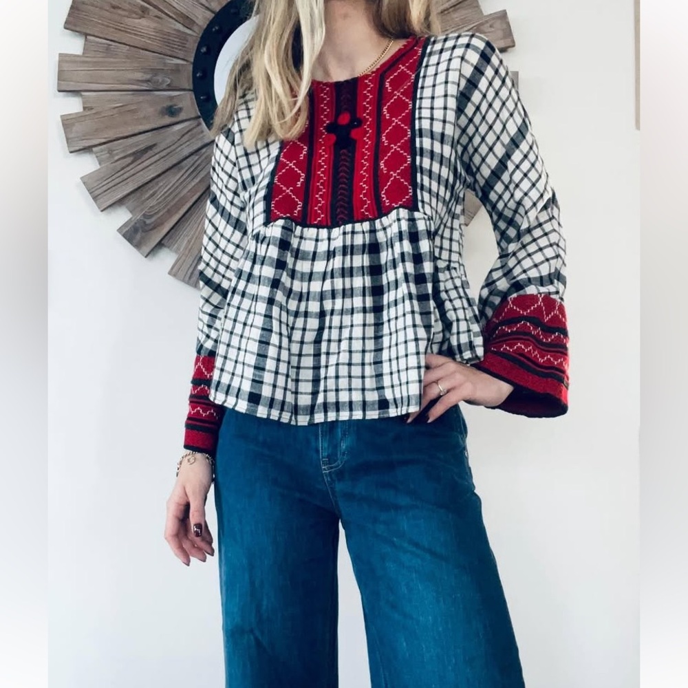Zara Embroidered Checkered Peasant Blouse